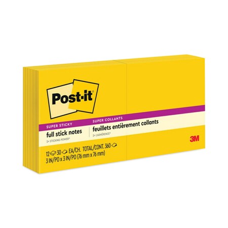 Post-It Full Stick Notes, 3 x 3, Electric Yellow, 25 Sheets/Pad, PK12 F330-12SSY